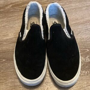 Vans Men’s 8 Women’s 9.5 Black Suede Slip On Shoes Off The Wall Fleece Lined